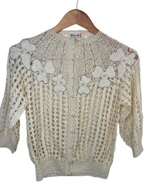 Vintage Lim's Hand Cream Crochet Floral Sheer Pearl Button Up Top Women Size M